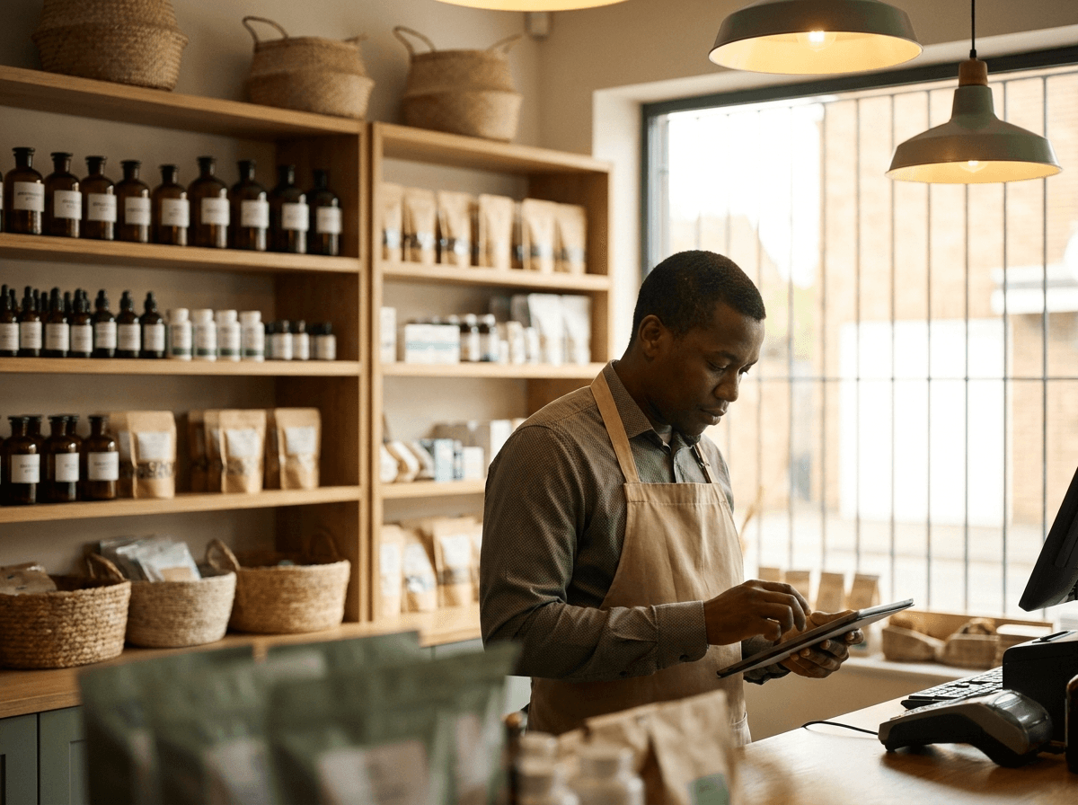 Retail counter staff serving customers in a store